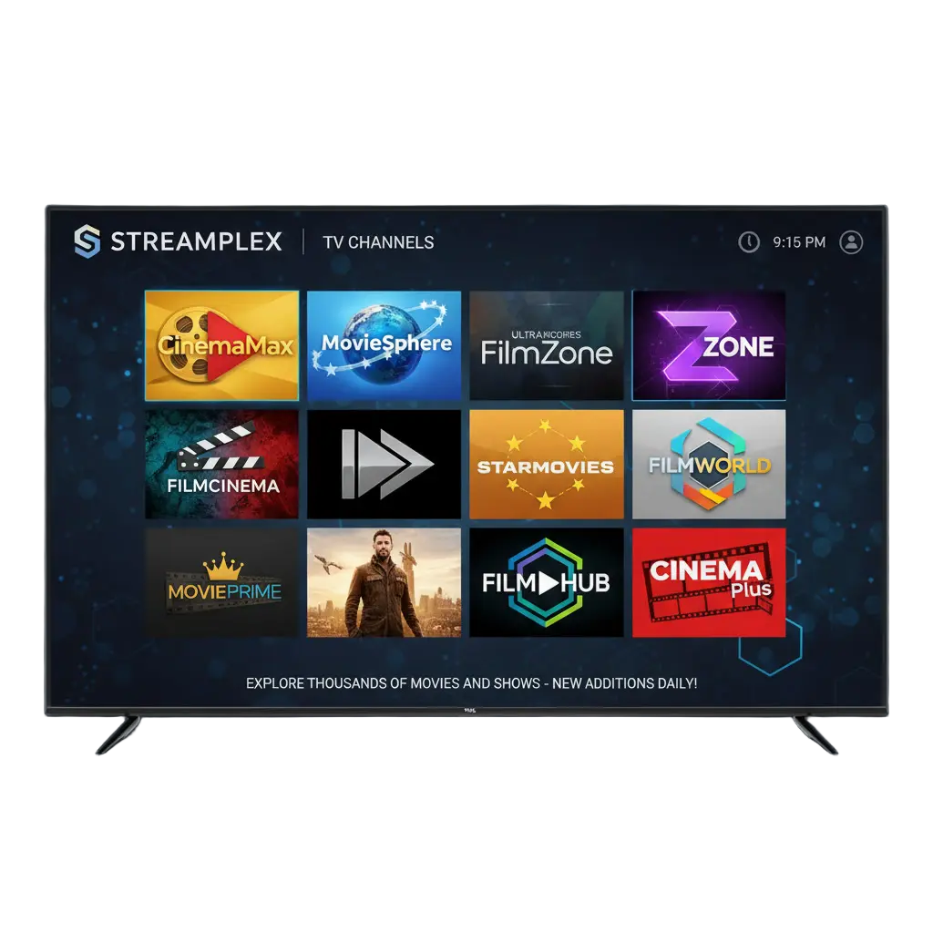 IPTV interface on Smart TV showing movie channels and streaming entertainment apps